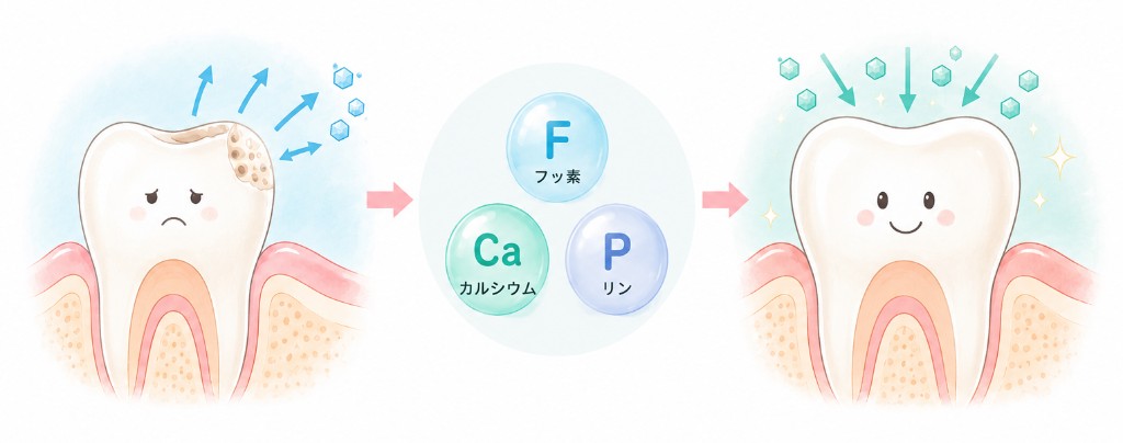 フッ素と再石灰化の仕組み。左は初期むし歯でミネラルが溶け出す脱灰、中央はフッ素・カルシウム・リン、右はミネラルが戻り歯が強くなる再石灰化。