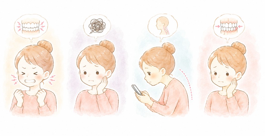 発症・悪化につながる要因。歯ぎしり・くいしばり、ストレス、姿勢、咬み合わせのイメージ。